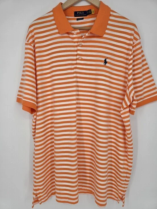 Polo Ralph Lauren Mens XL Orange White Striped Polo Shirt Classic Fit Cotton