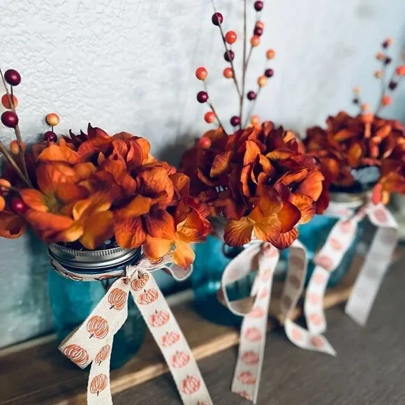 Fall Farmhouse Blue Mason Jar Floral Hydrangea Arrangement Centerpiece Board