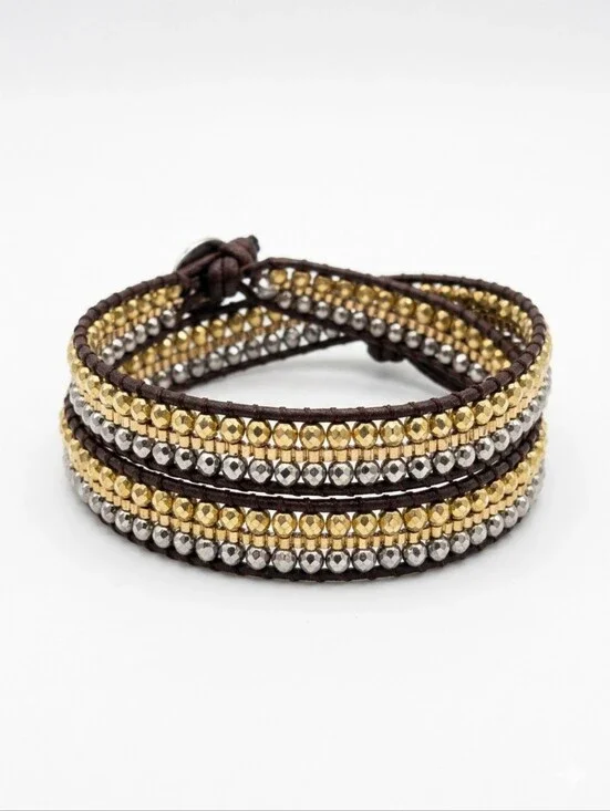 Katie Soleil Beaded Wrap Bracelet Gold Silver Mixed Metal Metallic Leather Boho