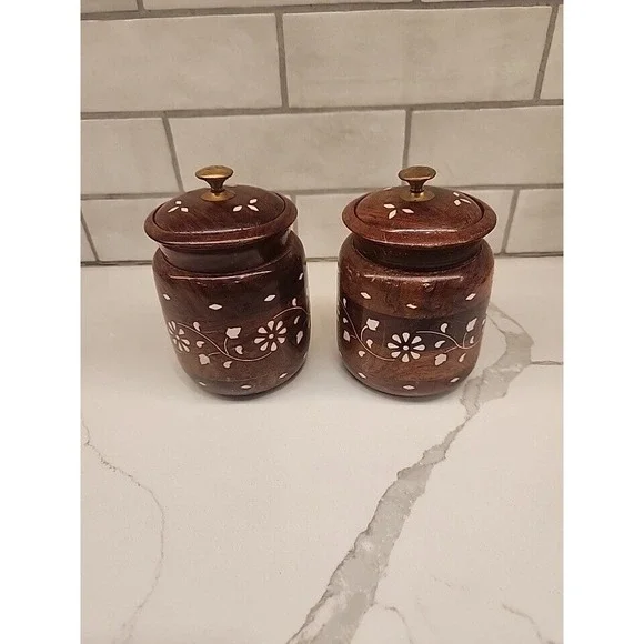 Wooden Kitchen Storage‎ Flower Canister Jars with Lid for Snacks, Food Set Of 2