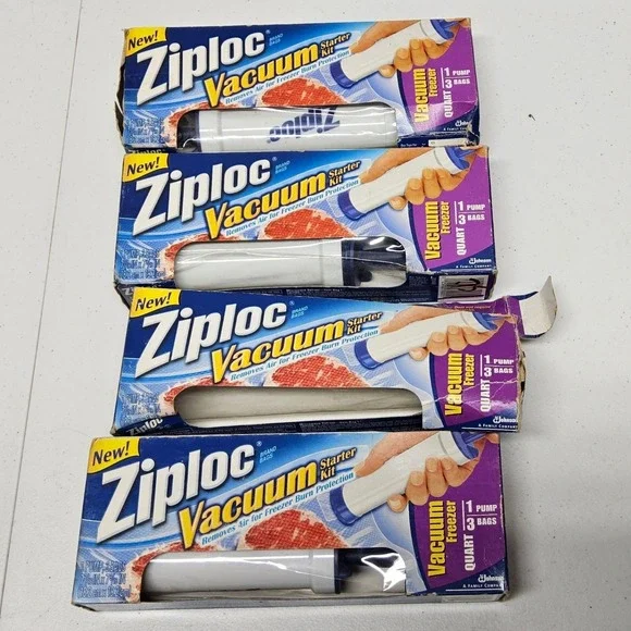 Ziploc Vacuum Starter Kit Manual Pump 4 Boxes‎ Quart Freezer Bags Blue White