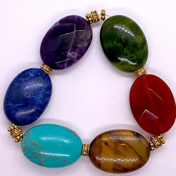 Chunky Stretch Bracelet Faux Marble Stone Gold Toned Purple BlueTurquoise Green