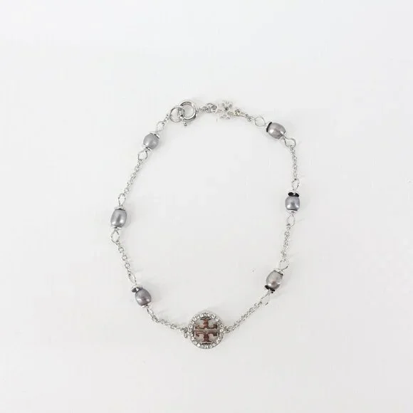 Tory Burch Miller Pave Logo Cultured Pearls Bracelet Silver OS