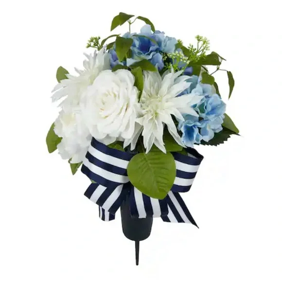 New with Tags Blue & White Artificial Floral Cone Arrangement with Striped Bow