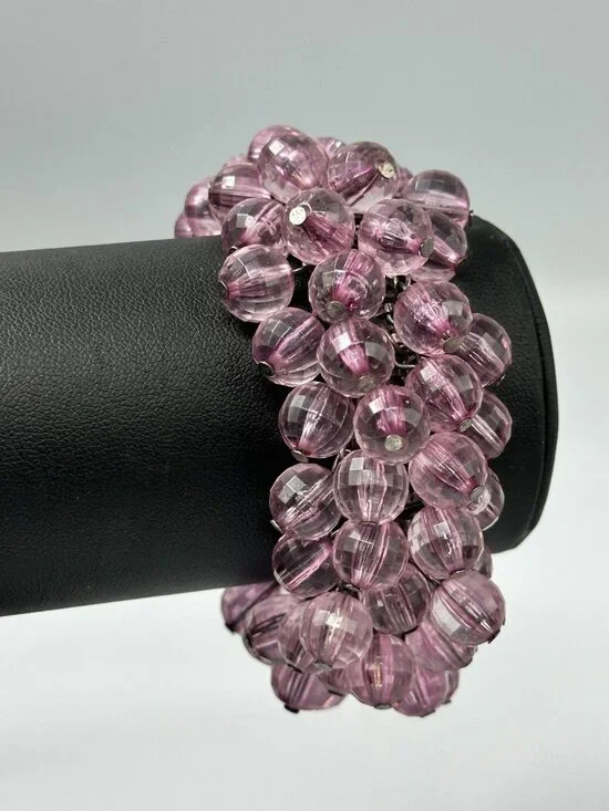 Vintage Cha Cha Expansion Bracelet Purple Faceted Round Beads Silver Tone