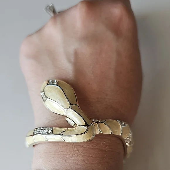 Elegant White Enamel Locking Snake Bracelet With Crystal Stones