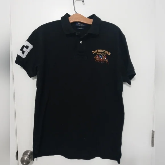 VTG POLO RALPH LAUREN CUSTOM FIT EMBROID TRIPLE PONY BIG LOGO BLACK POLO SHIRT L