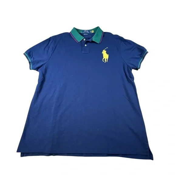 Polo Ralph Lauren XXL Custom Slim Fit Navy Big Pony Green Contrast Mesh Polo