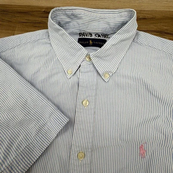 Polo Ralph Lauren Shirt Men Large Blue Seersucker Striped Button Preppy Formal