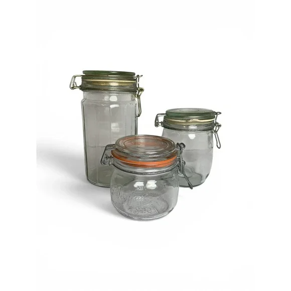 Vintage Clear Glass Wire Bale Jars Swing Top Clamp Lid Canisters Mixed Lot of 3