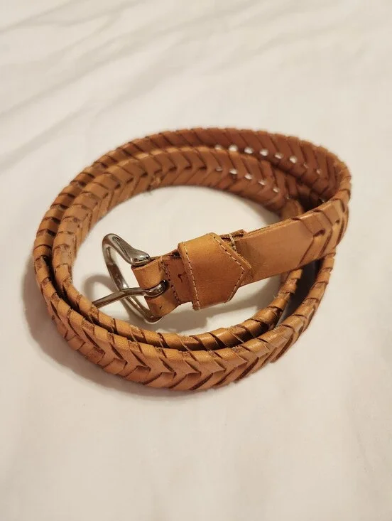 Vintage Banana Tan Braided Woven Silver Tone Buckle Leather Belt