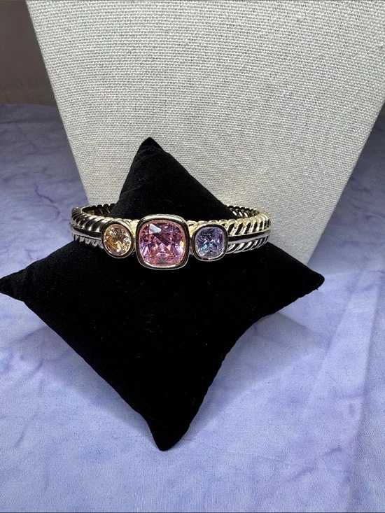 Sterling Silver Triple Gemstone Cuff Bracelet - Pink, Purple, Champagne NWOT