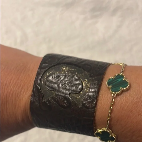 Brown Leather Embossed “C” Cuff Bracelet handmade sign by maker