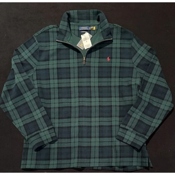 Polo Ralph Lauren Plaid Green Estate-Rib Cotton Quarter-Zip Pullover Men's XXL