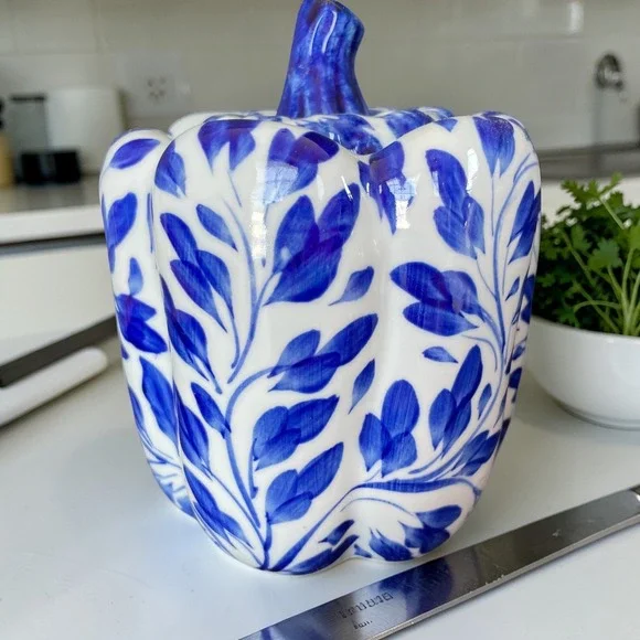 Handcrafted Blue and White Ceramic Bell Pepper Lidded Canister Thailand Floral