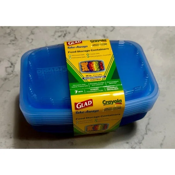 NEW Glad Crayola Take-Aways Food Storage Containers Violet Blue Divided 7 Sets