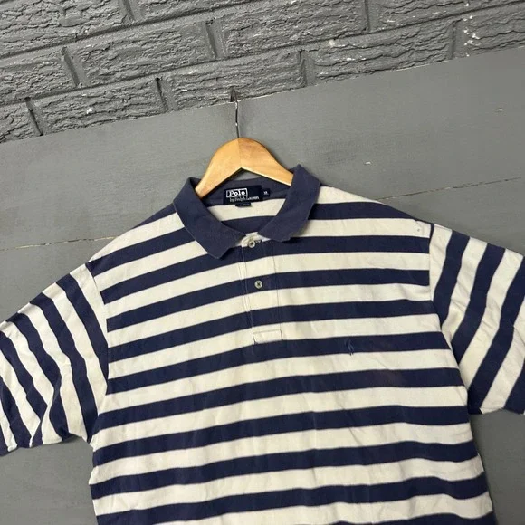 Polo Ralph Lauren Mens XL Striped Polo Shirt Navy Blue White Short Sleeve Cotton
