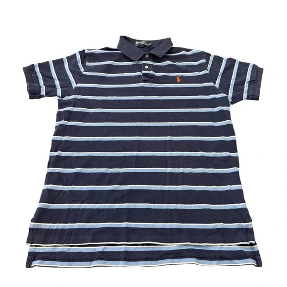 Vintage 90s Polo by Ralph Lauren Striped Polo Shirt Blue White Orange Pony XL