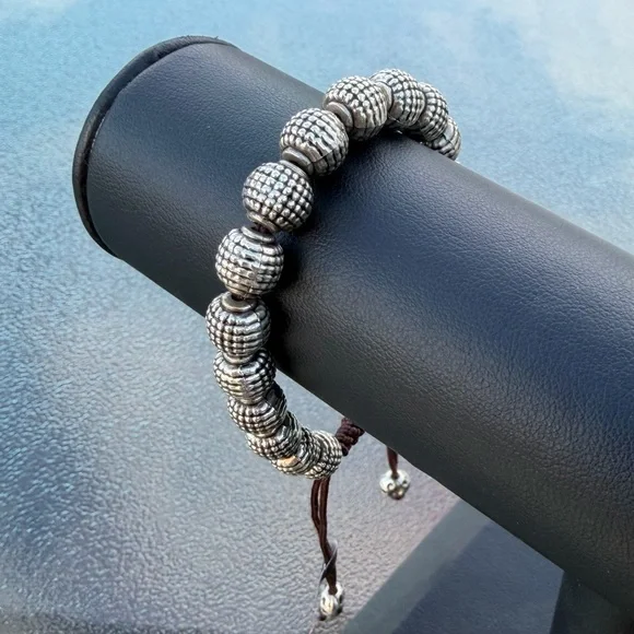 2 Chic Silver Tone Textured Bead Adjustable Bracelet