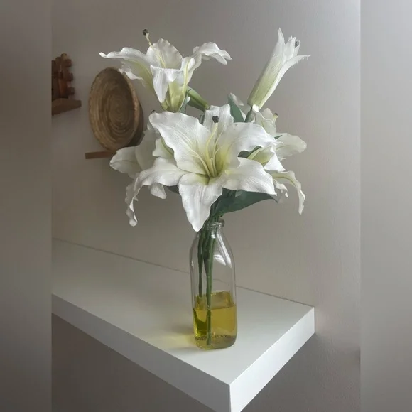Faux White Lily Arrangement in Glass Vase