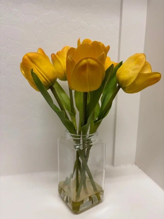 Bright Yellow Tulip Faux Floral Arrangement in Clear Glass Vase