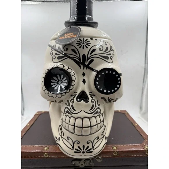 Halloween Sugar Skull with Top Hat, Tattoos, And Eye Patch  Ceramic Cookie Jar