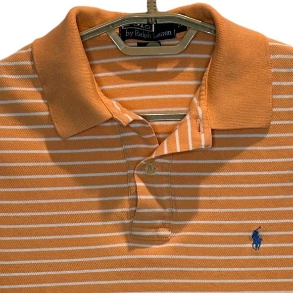 Polo Ralph Lauren Polo Shirt Medium Men's Orange White Striped Short Sleeve Pony