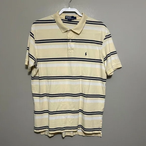 Polo Ralph Lauren Mens Polo Shirt L Striped Yellow Navy White Casual Preppy Golf
