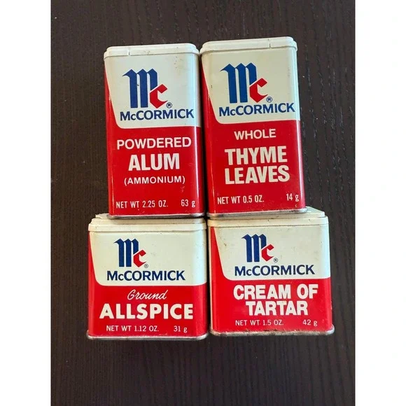 Vintage McCormick Spice Tins Alum Thyme Allspice Cream of Tartar Red & White