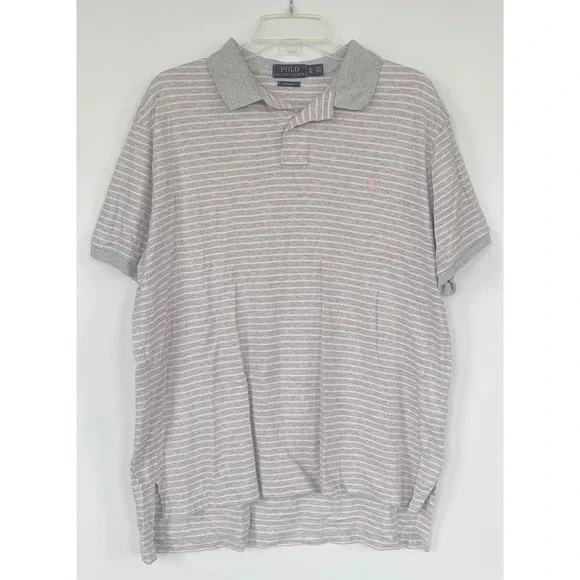 Polo Ralph Lauren Mens XL Custom Fit Gray Pink Striped Short Sleeve Polo Shirt