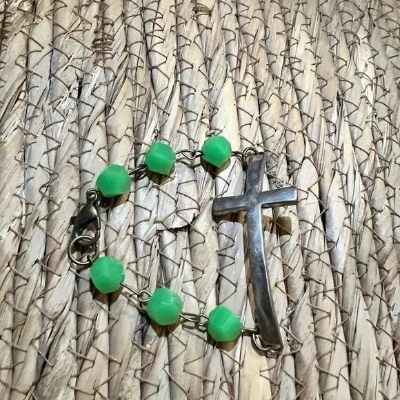 Silver Cross Bracelet with Green Beads