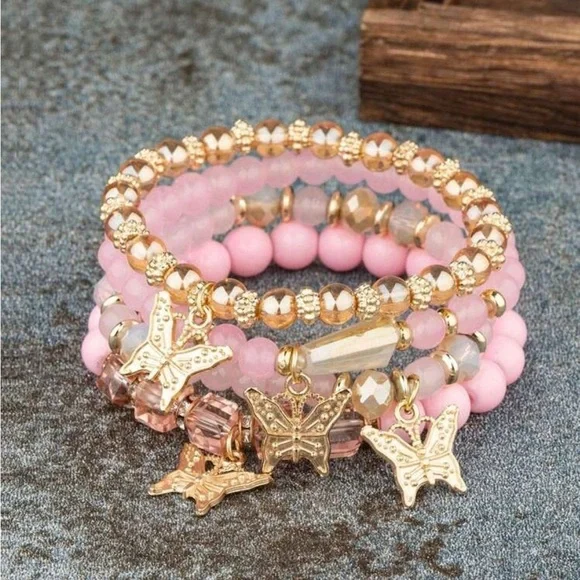 Elegant Pink and Gold Butterfly Charm Bracelets