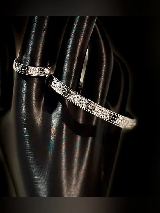 Silver CZ Motif Bangle and Ring Set - Women's Jewelry