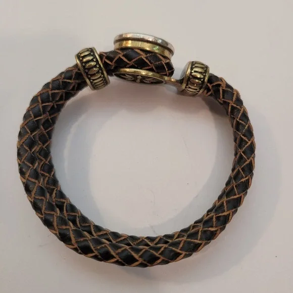 Ginger Snaps Braided Leather Bracelet Unisex Brown Initial K Snap Brass Tone Vtg