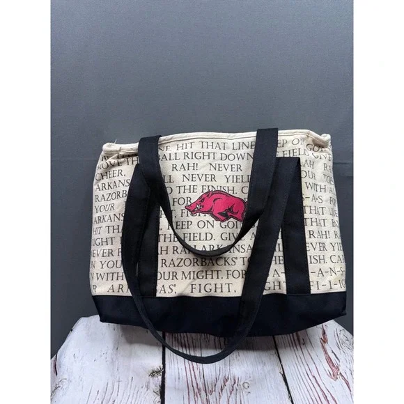Arkansas Razorbacks Insulated Cooler Tote Bag Fight Song Script Canvas Black Red