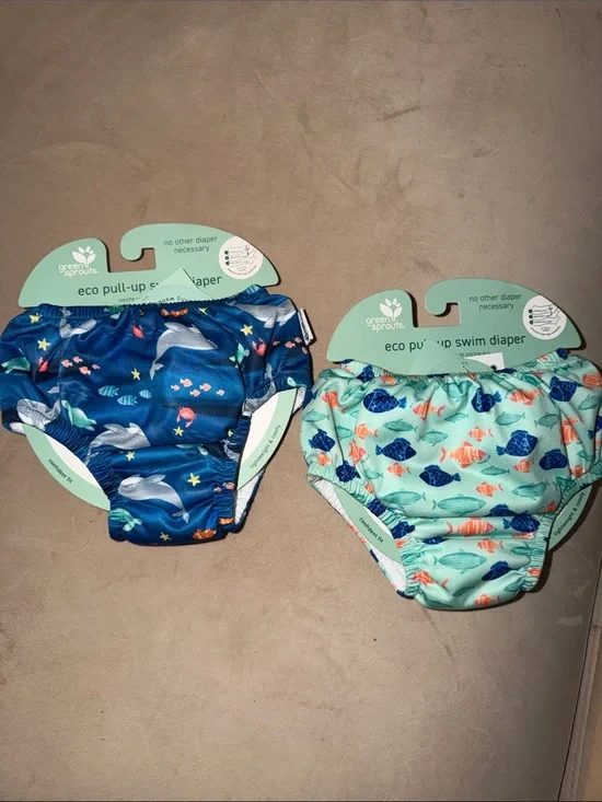 BUNDLE SET 6 &12 mo Green Sprouts Kids Eco Pull-Up Swim Diaper- Blue & Teal Fish