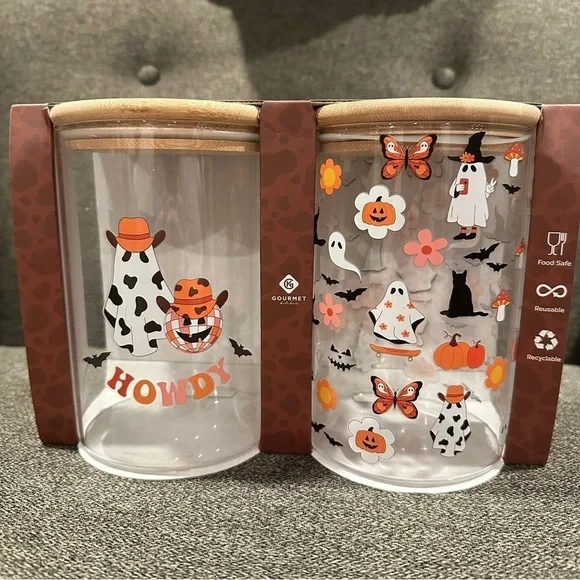 NIB Gourmet Kitchen Cowboy Ghosts Round Glass Storage Jars with Bamboo Lids