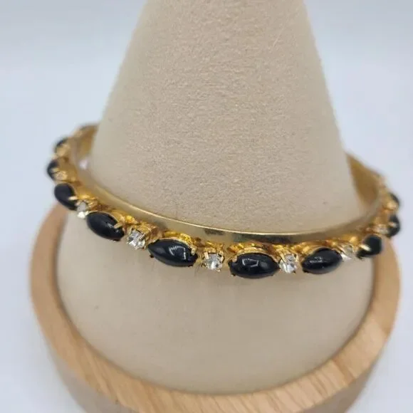 J Crew Black Resin and Clear Crystal Gold Tone Bangle NWOT!