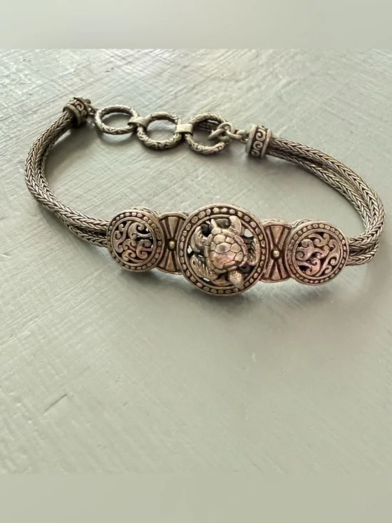 925 Sterling Silver Turtle Double Strand Toggle Bracelet