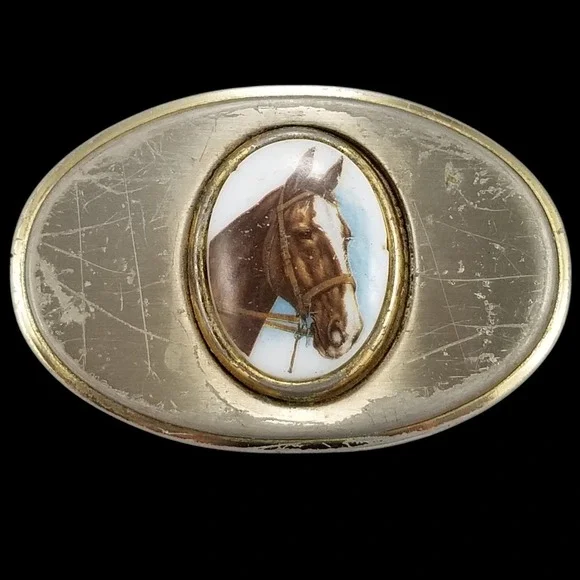 Vintage Oval Belt Buckle Horse Head Design‎ Silver tone Metal USA Made