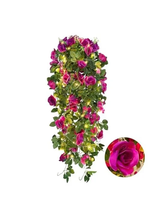 Purple Rose Fake Hanging Flowers LED Fairy Lights Indoor Outdoor Wall Decor
