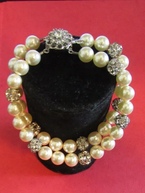 Lovely Double Strand FAUX PEARL & RHINESTONE WEDDING BRACELET 8
