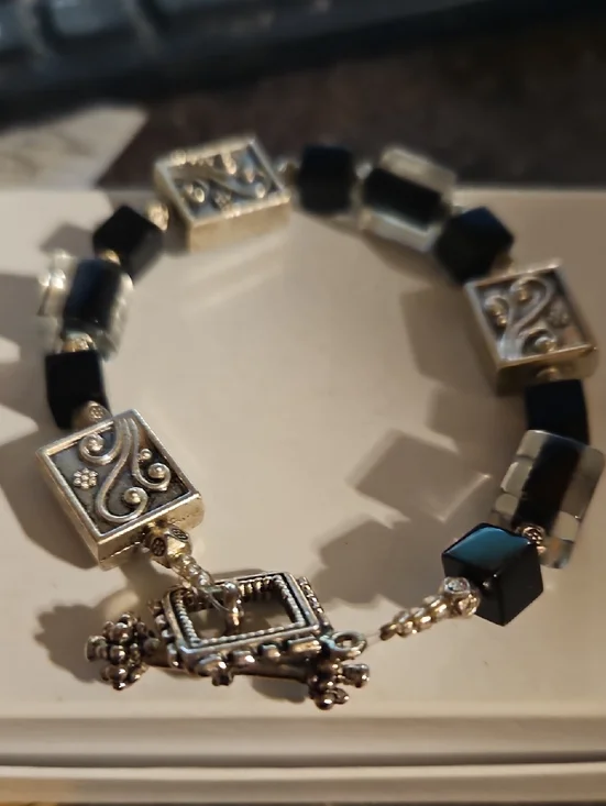 Silvertone Glass Black Beaded Toggle Clasp Bracelet