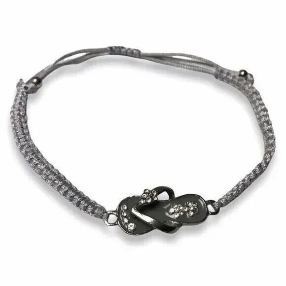Rhinestone Sandal Bracelet Adjustable Cord Gray Flip Flop Charm Hawaii Souvenir