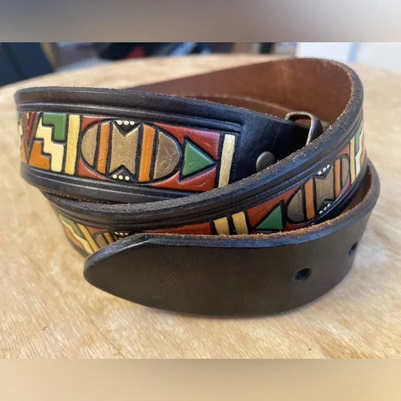 Vintage Colorful Painted Leather Belt with Geometric Southwest Pattern Design
