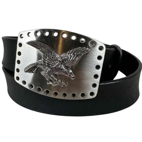 Leather Black Belt XL 40-42 Silver Eagle‎ Buckle Western Americana Biker