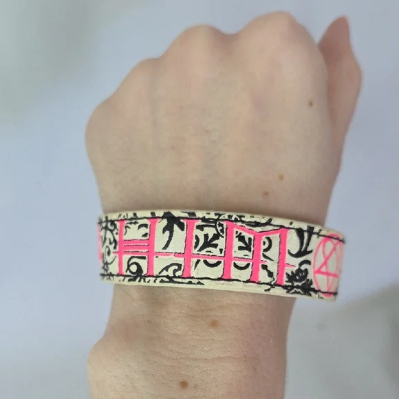 HIM Pink Black Offwhite Leather Bracelet Y2k Vintage Emo Alt Mallcore 2006