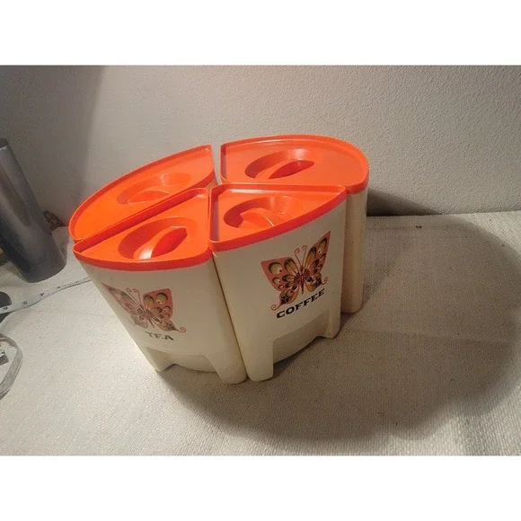 STERILITE‎ -TEA ,COFFEE , SUGAR FLOUR SET  BUTTERFLY MOTIF with Lids VINTAGE 60s