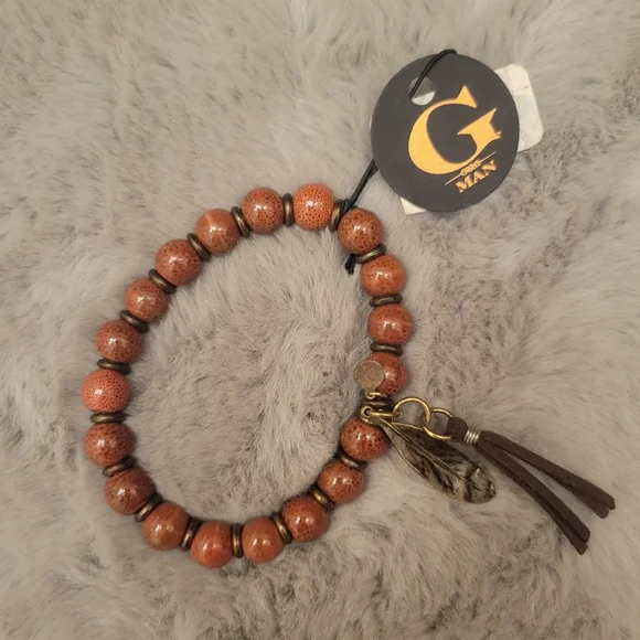 Red Dotted Bead Bracelet with Fringe and Metal Feather G MAN