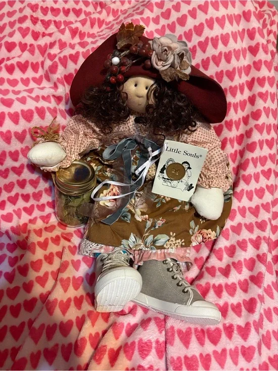 Brown Floral Rag Doll with Burgundy Hat